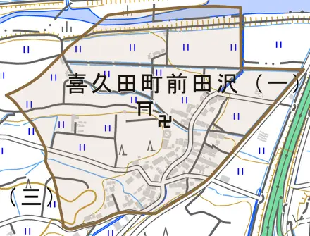 喜久田町前田沢とその周辺の地図。町の範囲を重ねている