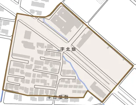 字北畑とその周辺の地図。町の範囲を重ねている