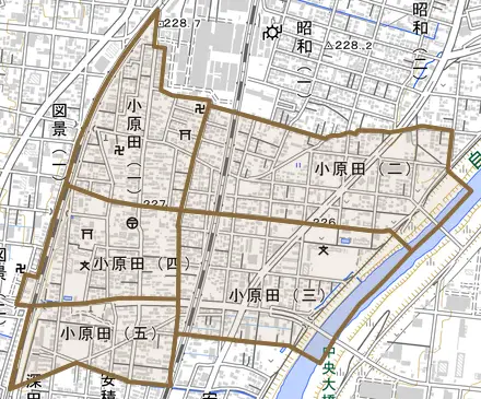 小原田とその周辺の地図。町の範囲を重ねている