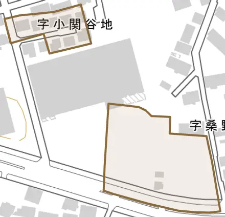 小関谷地とその周辺の地図。町の範囲を重ねている