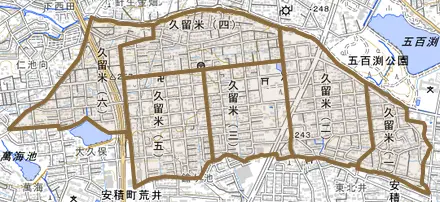 久留米とその周辺の地図。町の範囲を重ねている