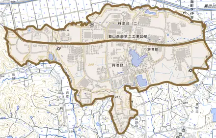 待池台とその周辺の地図。町の範囲を重ねている