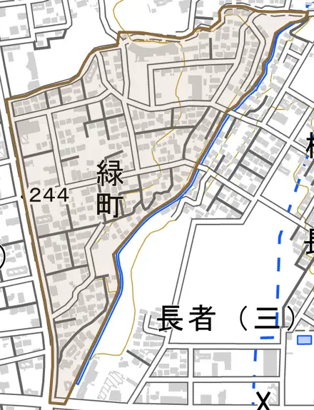 緑町とその周辺の地図。町の範囲を重ねている