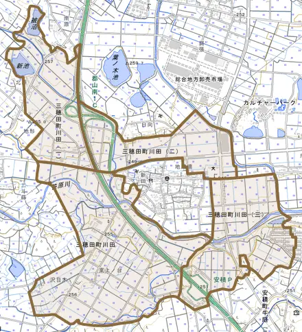 三穂田町川田とその周辺の地図。町の範囲を重ねている
