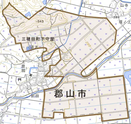 三穂田町下守屋とその周辺の地図。町の範囲を重ねている