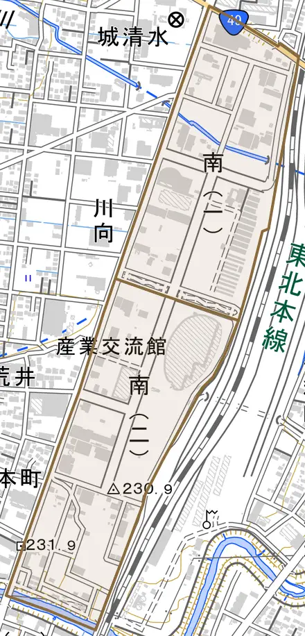 南とその周辺の地図。町の範囲を重ねている