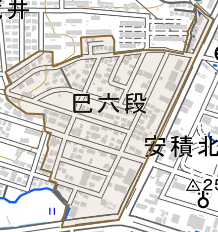 巳六段とその周辺の地図。町の範囲を重ねている