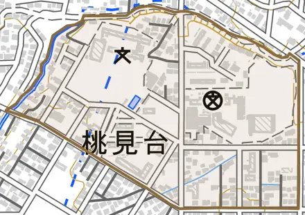 桃見台とその周辺の地図。町の範囲を重ねている