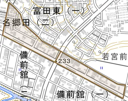 名郷田とその周辺の地図。町の範囲を重ねている