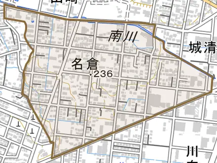 名倉とその周辺の地図。町の範囲を重ねている