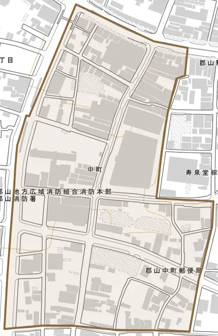 中町とその周辺の地図。町の範囲を重ねている