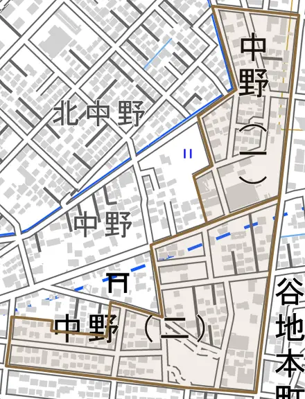 中野とその周辺の地図。町の範囲を重ねている
