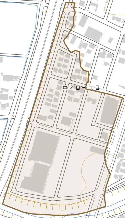 中ノ目とその周辺の地図。町の範囲を重ねている