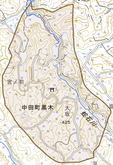 中田町黒木とその周辺の地図。町の範囲を重ねている
