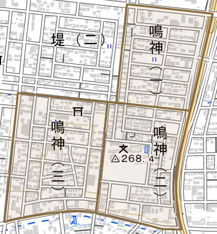 鳴神とその周辺の地図。町の範囲を重ねている