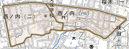 西ノ内とその周辺の地図。町の範囲を重ねている
