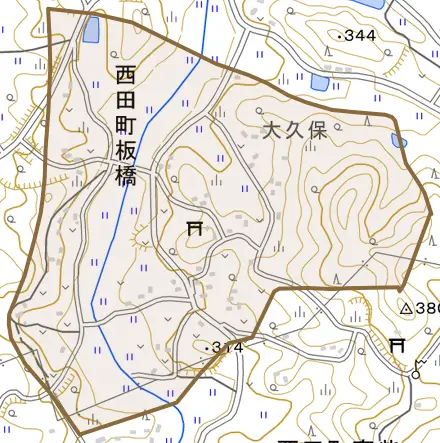 西田町板橋とその周辺の地図。町の範囲を重ねている