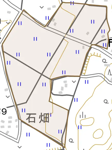 西田町大網とその周辺の地図。町の範囲を重ねている
