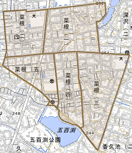 菜根とその周辺の地図。町の範囲を重ねている
