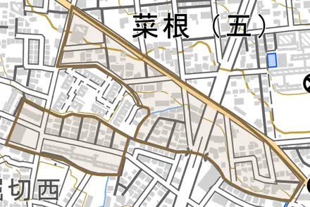 菜根屋敷とその周辺の地図。町の範囲を重ねている