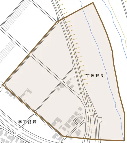 佐野良とその周辺の地図。町の範囲を重ねている