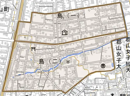 島とその周辺の地図。町の範囲を重ねている