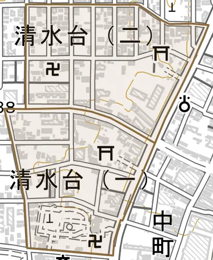 清水台とその周辺の地図。町の範囲を重ねている