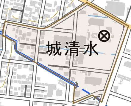 城清水とその周辺の地図。町の範囲を重ねている