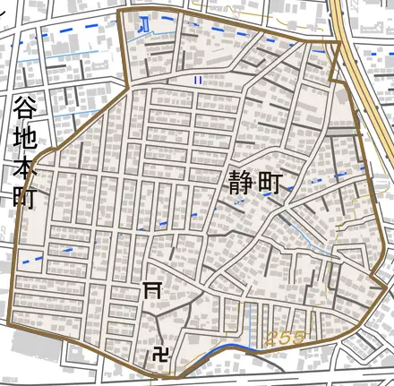静町とその周辺の地図。町の範囲を重ねている