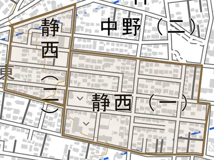 静西とその周辺の地図。町の範囲を重ねている