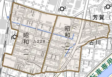 昭和とその周辺の地図。町の範囲を重ねている