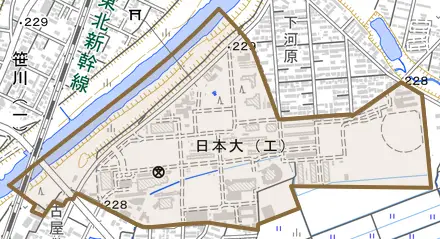 字中河原とその周辺の地図。町の範囲を重ねている