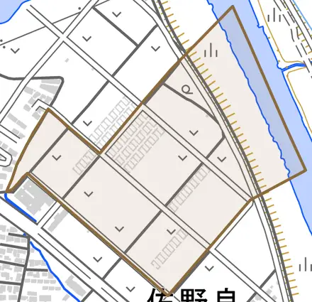 柳原とその周辺の地図。町の範囲を重ねている