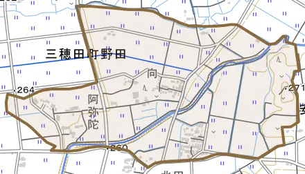 中田とその周辺の地図。町の範囲を重ねている