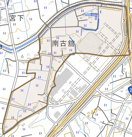 古舘とその周辺の地図。町の範囲を重ねている