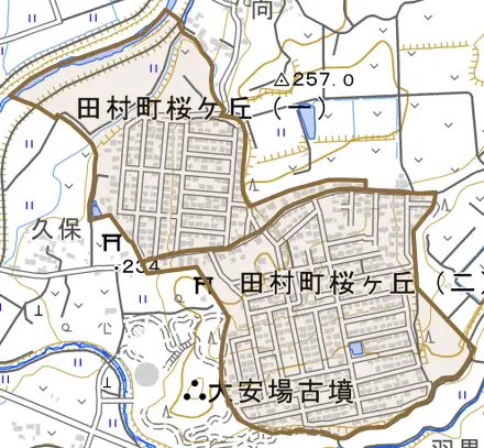 田村町桜ケ丘とその周辺の地図。町の範囲を重ねている