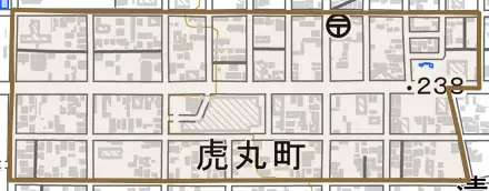 虎丸町とその周辺の地図。町の範囲を重ねている