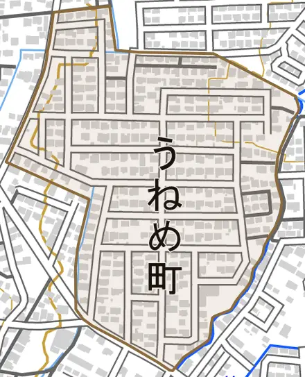 うねめ町とその周辺の地図。町の範囲を重ねている