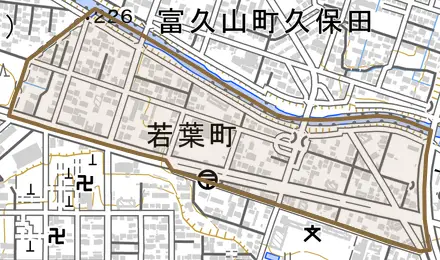 若葉町とその周辺の地図。町の範囲を重ねている