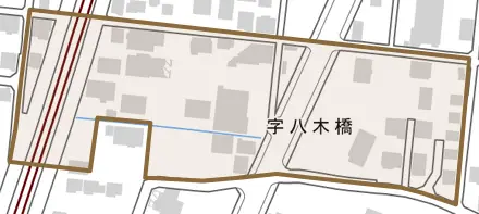 八木橋とその周辺の地図。町の範囲を重ねている