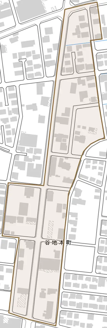 谷地本町とその周辺の地図。町の範囲を重ねている
