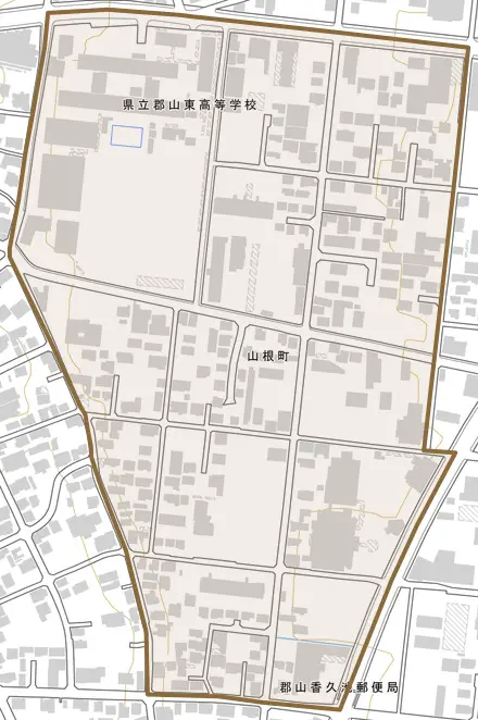 山根町とその周辺の地図。町の範囲を重ねている