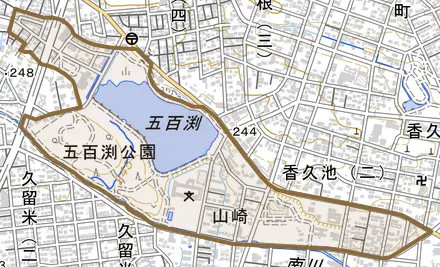 字山崎とその周辺の地図。町の範囲を重ねている