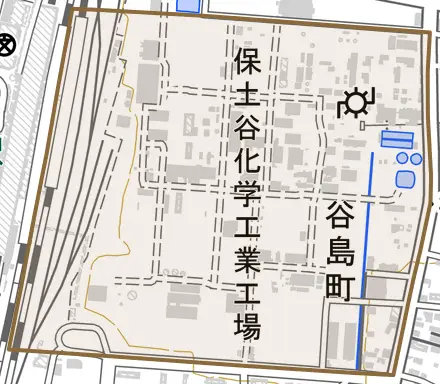 谷島町とその周辺の地図。町の範囲を重ねている