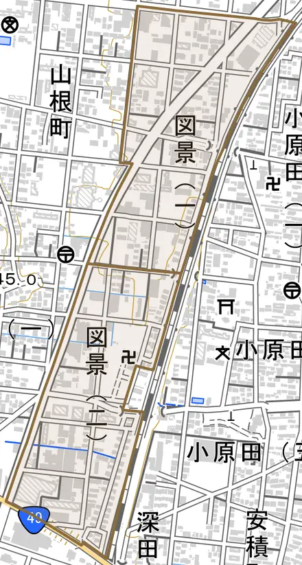 図景とその周辺の地図。町の範囲を重ねている