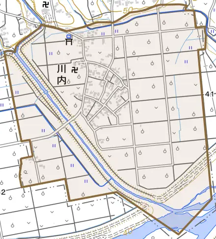 大字川内とその周辺の地図。町の範囲を重ねている
