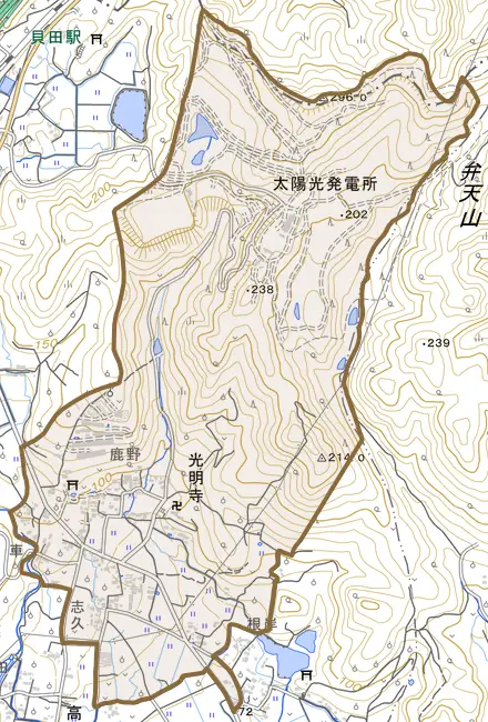 大字光明寺とその周辺の地図。町の範囲を重ねている