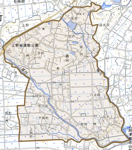 大字森山とその周辺の地図。町の範囲を重ねている