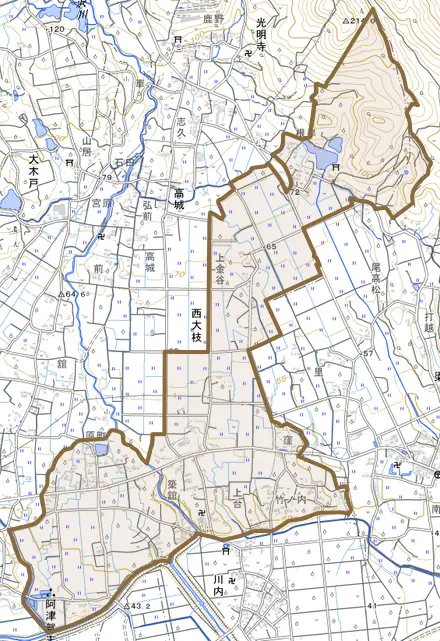 大字西大枝とその周辺の地図。町の範囲を重ねている