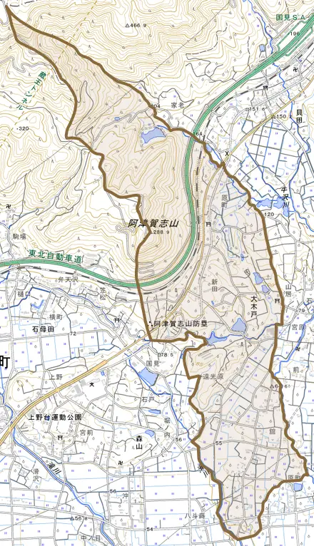 大字大木戸とその周辺の地図。町の範囲を重ねている